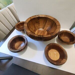 Salad Bowl Set of 5 pieces. Hardwood, Handmade of Substantial Size & Quality.